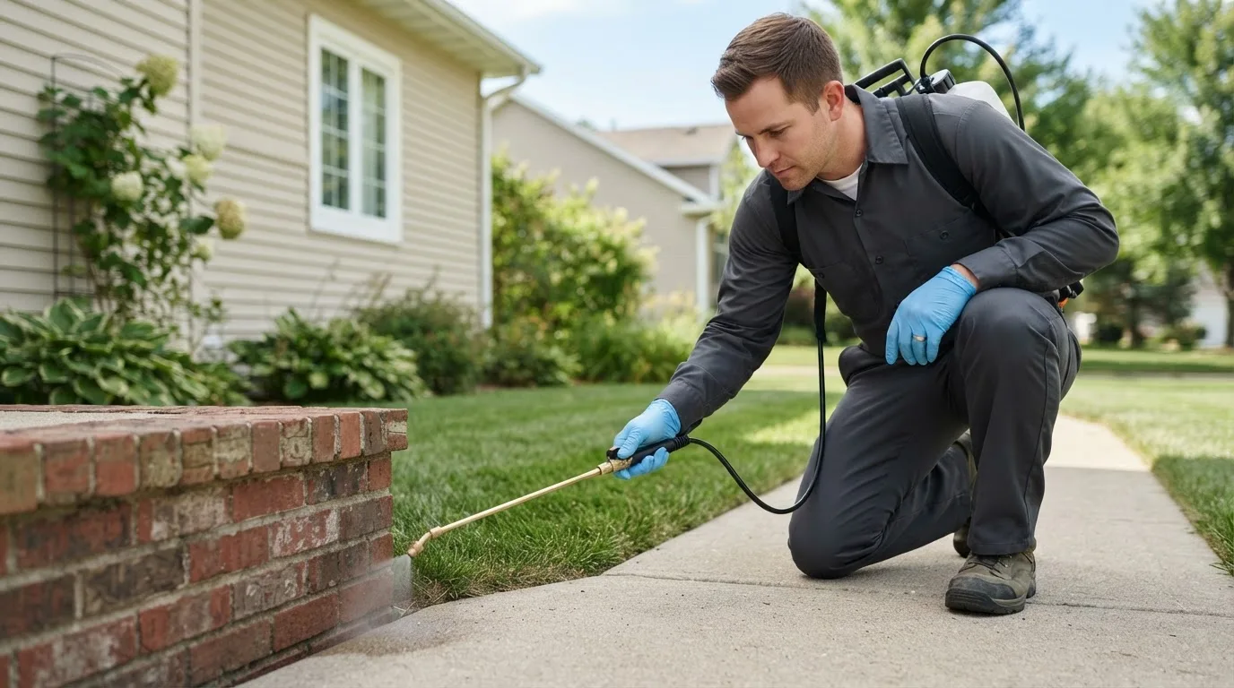 Pest control technician treating a home near Londonderry, VT